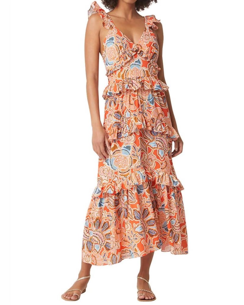 Front of a model wearing a size L Morrison Midi Dress In Tangerine in Tangerine by Misa Los Angeles. | dia_product_style_image_id:358322